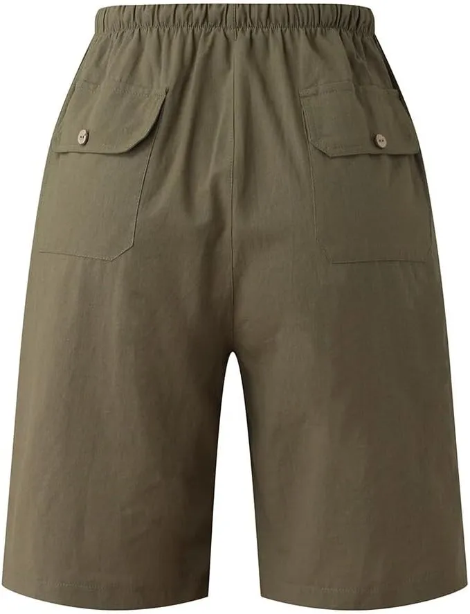 Mens Linen Shorts Elastic Waist Drawstring Wide Leg Bermuda Shorts for Men Loose Fit Lightweight Summer Beach Shorts
