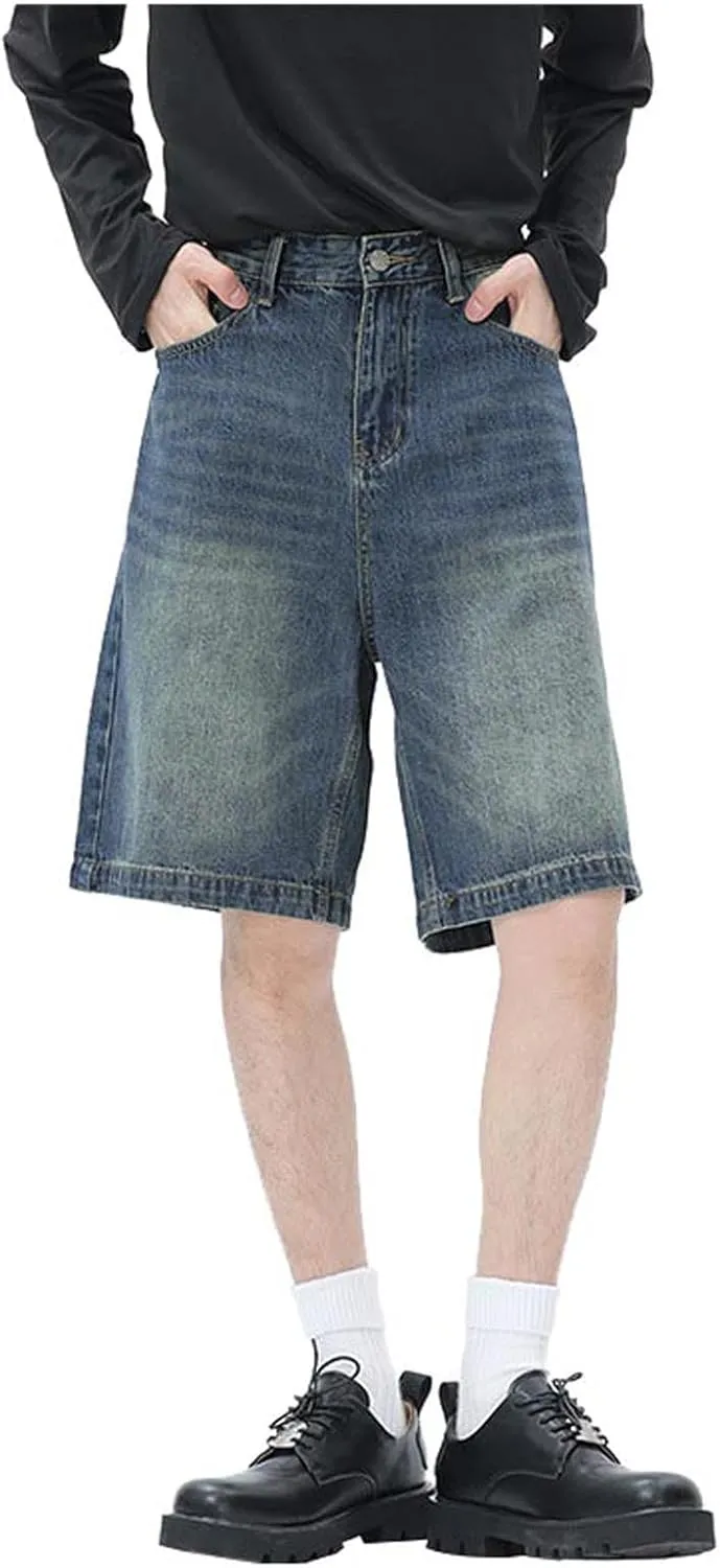 Mens Loose Fit Denim Shorts Baggy Casual Wide Leg Mid Jean Jorts Hip Hop Shorts Streetwear with Pockets