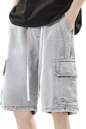 Men's Loose Y2K Hip Hop Mid Jean Shorts Baggy Denim Shorts with Pockets Skateboard Streetwear Clothes