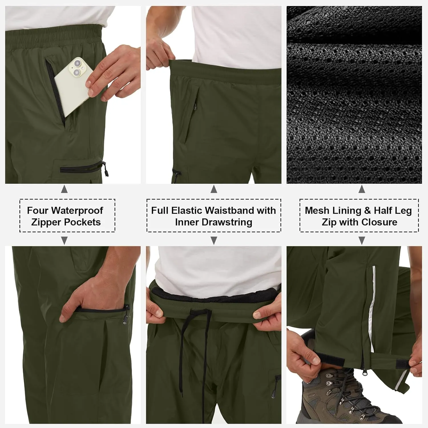 Mens Rain Pants Waterproof Windproof Hiking Pants for Outdoor Fishing Golf Motorcycle Cycling