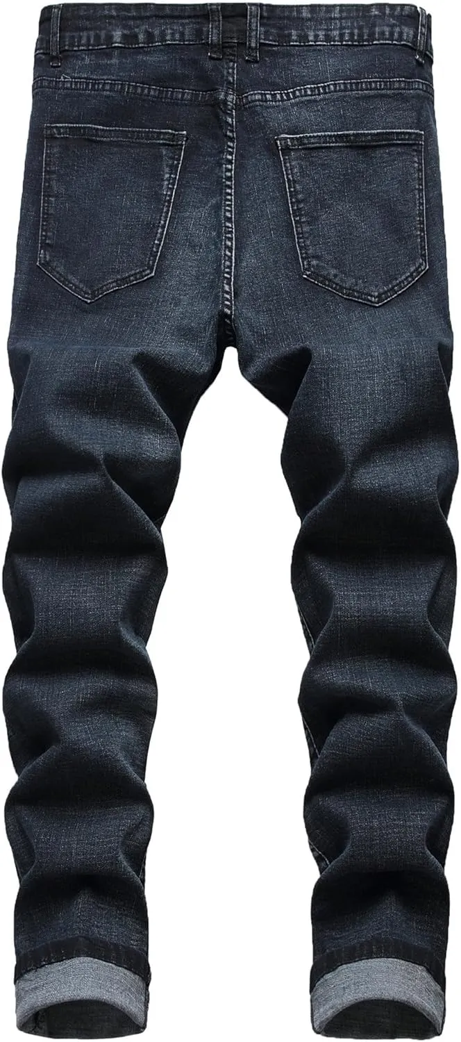 Men's Ripped Slim Fit Casual Jeans Stretch Classic Black Denim Pants Distressed Straight Leg Streetwear Jeans
