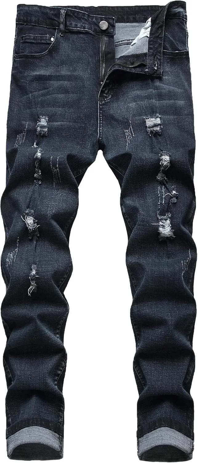 Men's Ripped Slim Fit Casual Jeans Stretch Classic Black Denim Pants Distressed Straight Leg Streetwear Jeans