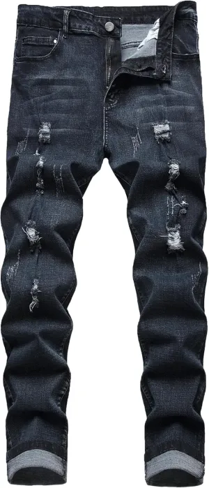 Men's Ripped Slim Fit Casual Jeans Stretch Classic Black Denim Pants Distressed Straight Leg Streetwear Jeans