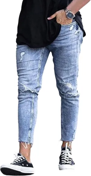 Men's Skinny Ripped Casual Tapered Jeans Destroyed Comfort Streetwear Denim Pants Slim Fit Washed Jeans Trouser