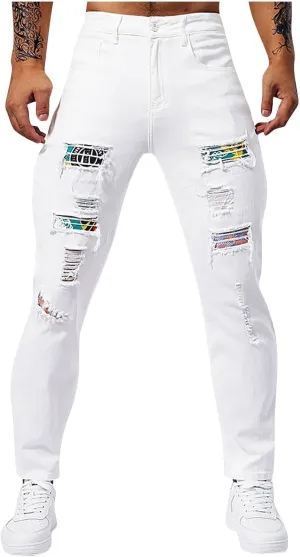 Men's Slim Fit Jeans Stretch Destroyed Ripped Skinny Jeans Distressed Straight Denim Pants Casual Trousers Streetwear