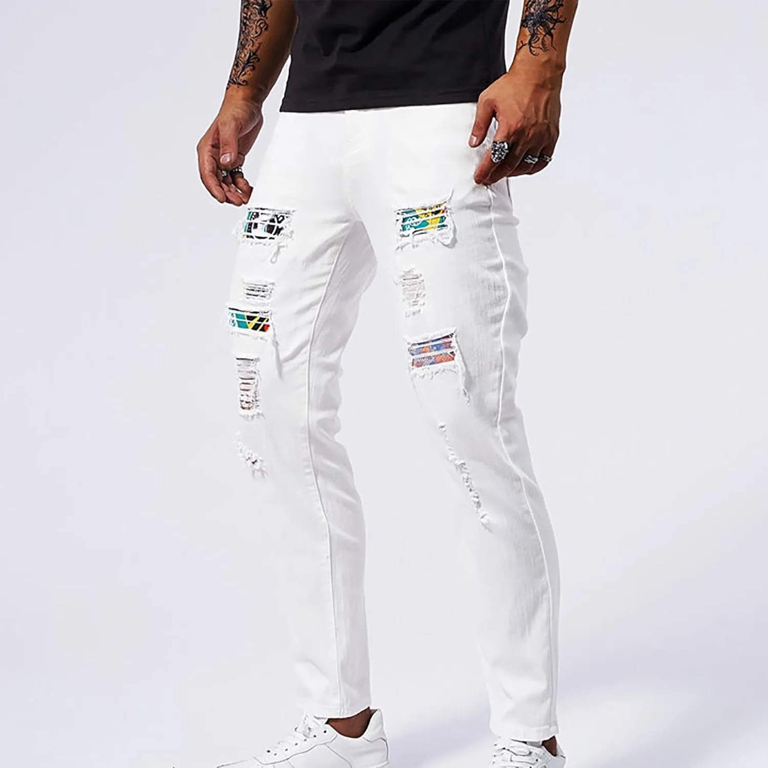 Men's Slim Fit Jeans Stretch Destroyed Ripped Skinny Jeans Distressed Straight Denim Pants Casual Trousers Streetwear