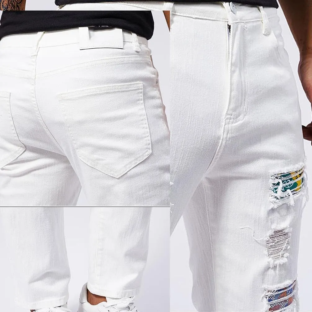 Men's Slim Fit Jeans Stretch Destroyed Ripped Skinny Jeans Distressed Straight Denim Pants Casual Trousers Streetwear