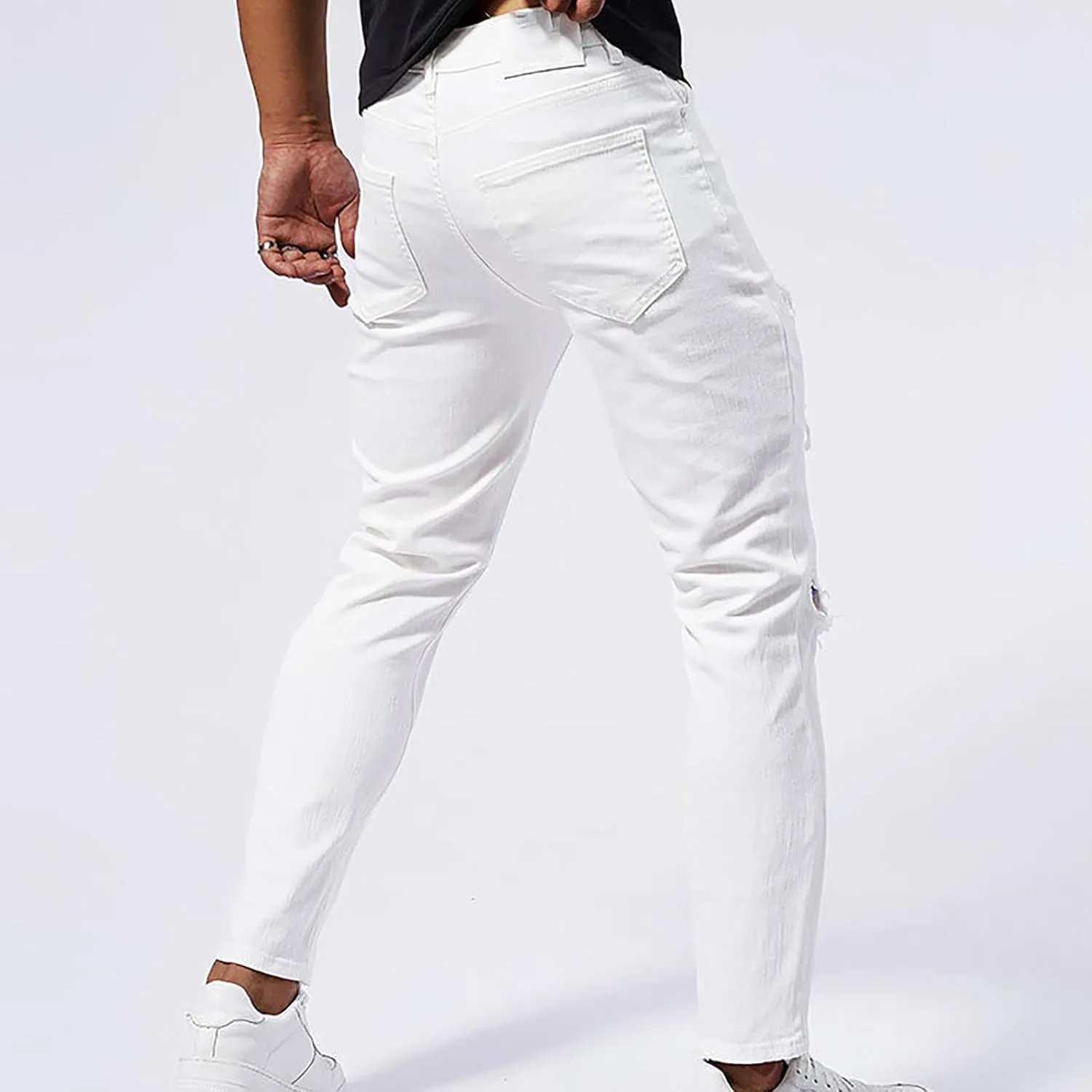 Men's Slim Fit Jeans Stretch Destroyed Ripped Skinny Jeans Distressed Straight Denim Pants Casual Trousers Streetwear