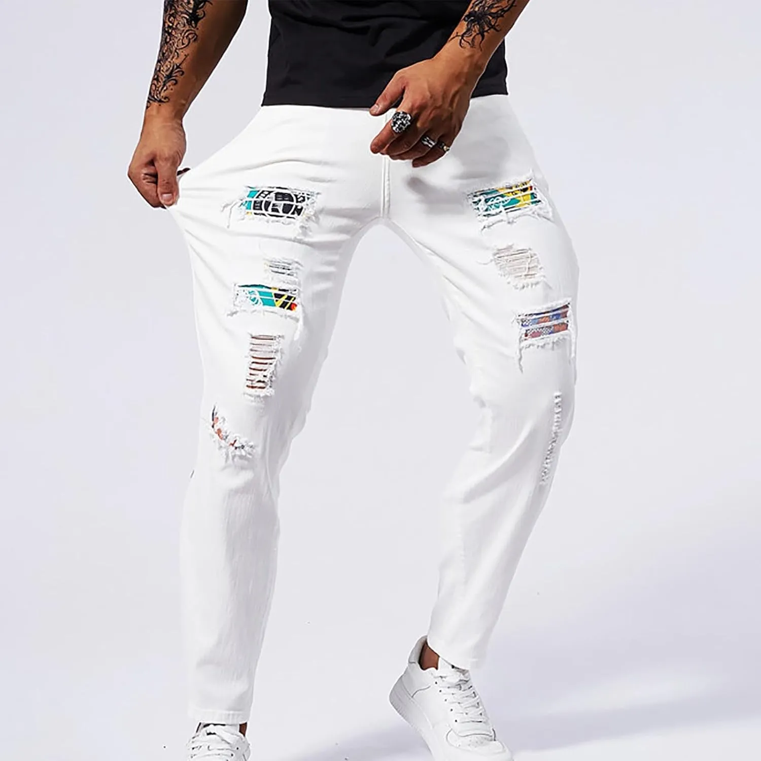 Men's Slim Fit Jeans Stretch Destroyed Ripped Skinny Jeans Distressed Straight Denim Pants Casual Trousers Streetwear