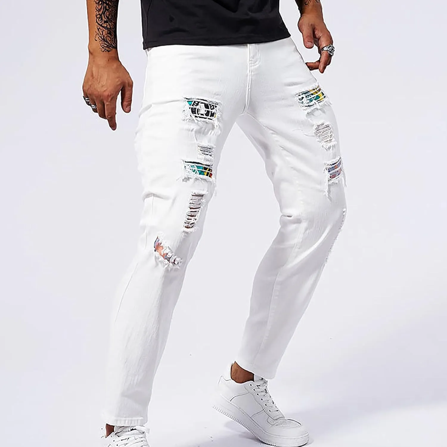 Men's Slim Fit Jeans Stretch Destroyed Ripped Skinny Jeans Distressed Straight Denim Pants Casual Trousers Streetwear