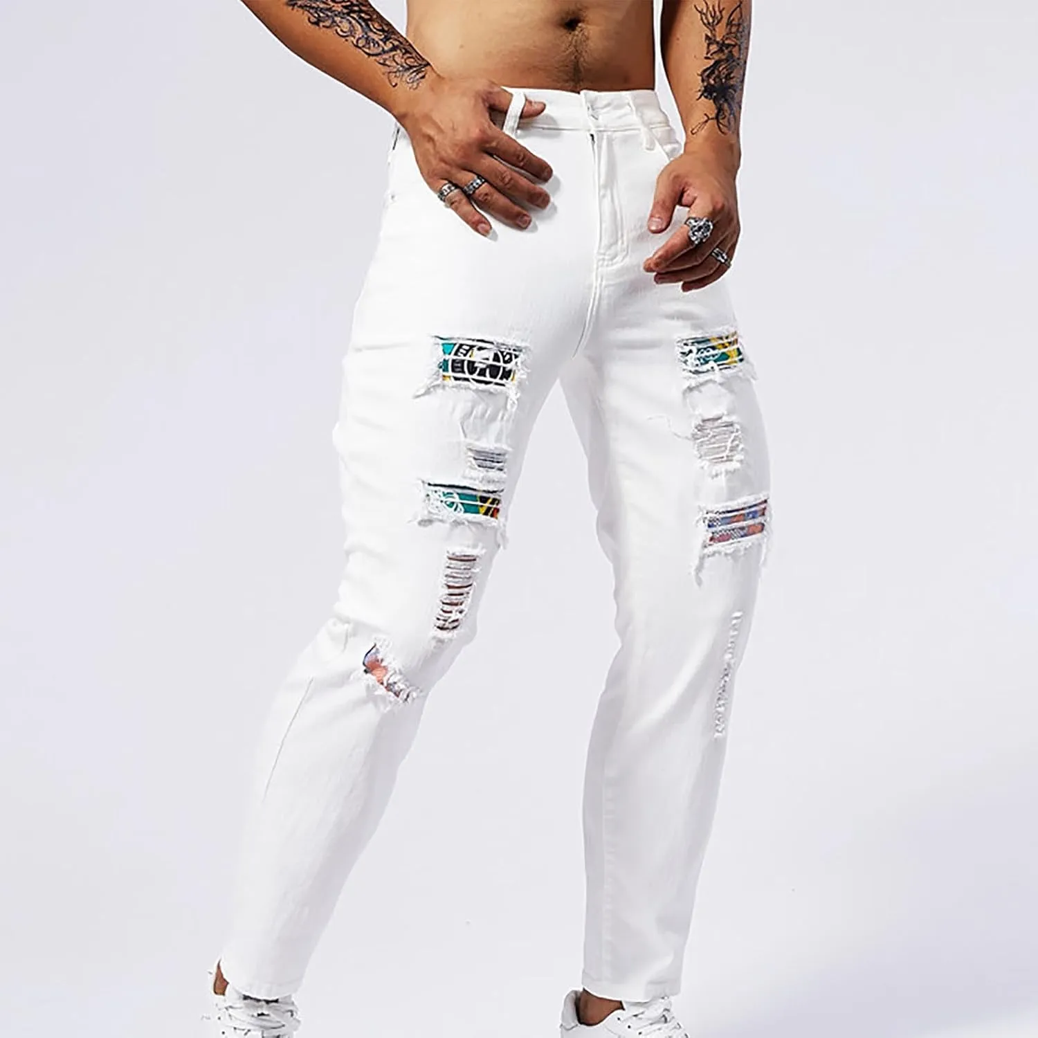 Men's Slim Fit Jeans Stretch Destroyed Ripped Skinny Jeans Distressed Straight Denim Pants Casual Trousers Streetwear