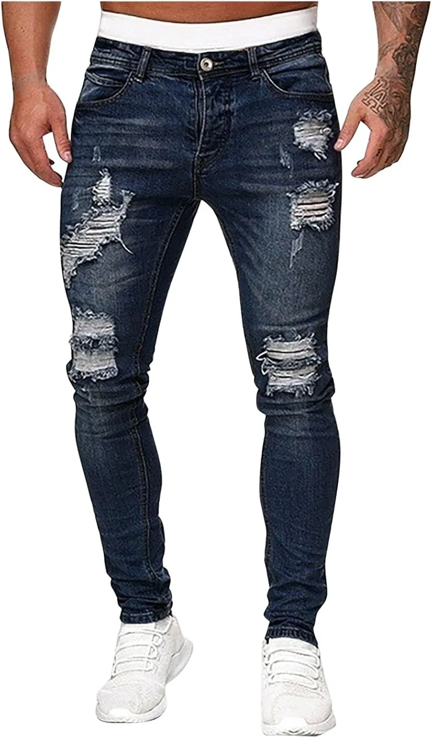 Men's Slim Fit Stretch Jeans Destroyed Ripped Skinny Jeans Side Striped Denim Pants Fashion Stretch Trouser