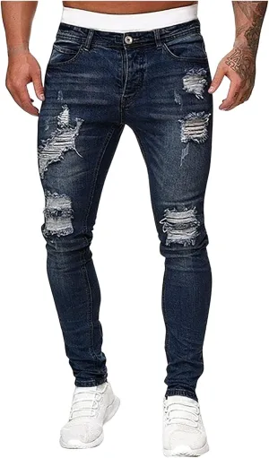 Men's Slim Fit Stretch Jeans Destroyed Ripped Skinny Jeans Side Striped Denim Pants Fashion Stretch Trouser