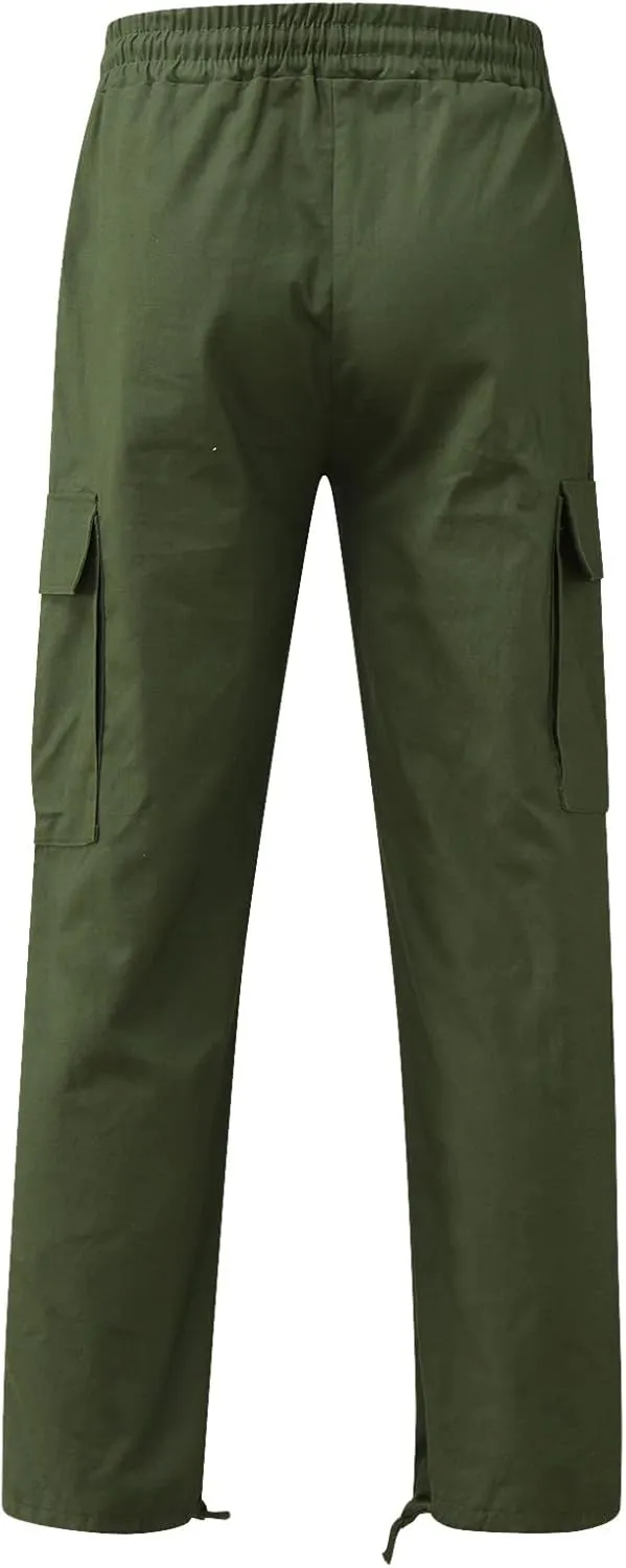 Mens Solid Cargo Pants Solid Color Multi Pockets Straight Leg Trousers Sports Overalls Drawstring Hiking Joggers