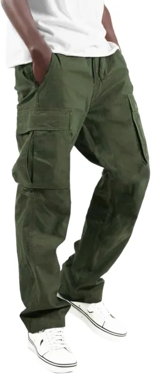 Mens Solid Cargo Pants Solid Color Multi Pockets Straight Leg Trousers Sports Overalls Drawstring Hiking Joggers