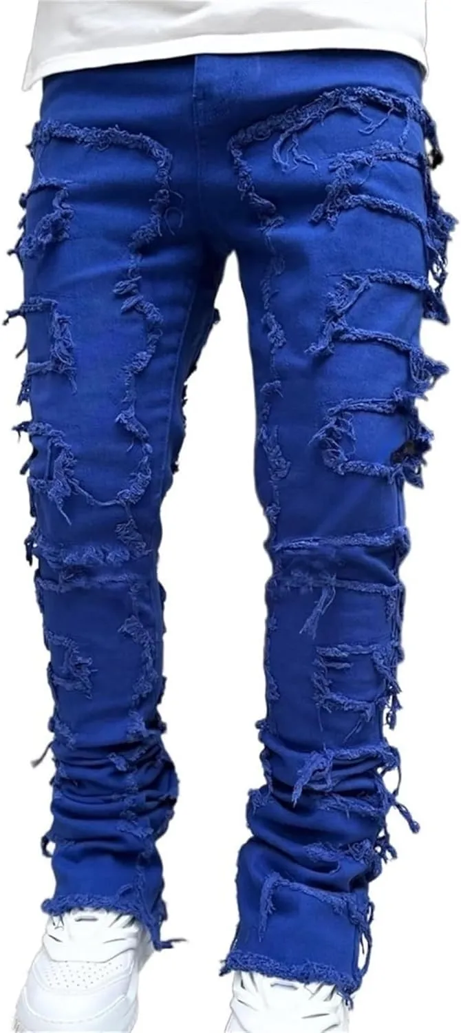Mens Stacked Jeans Slim Fit Ripped Destroyed Straight Leg Denim Pants for Harajuku or Hip Hop Streetwear