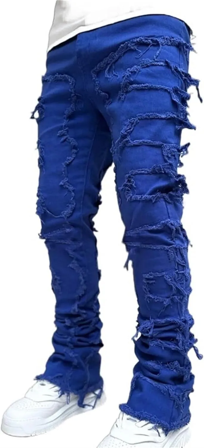 Mens Stacked Jeans Slim Fit Ripped Destroyed Straight Leg Denim Pants for Harajuku or Hip Hop Streetwear