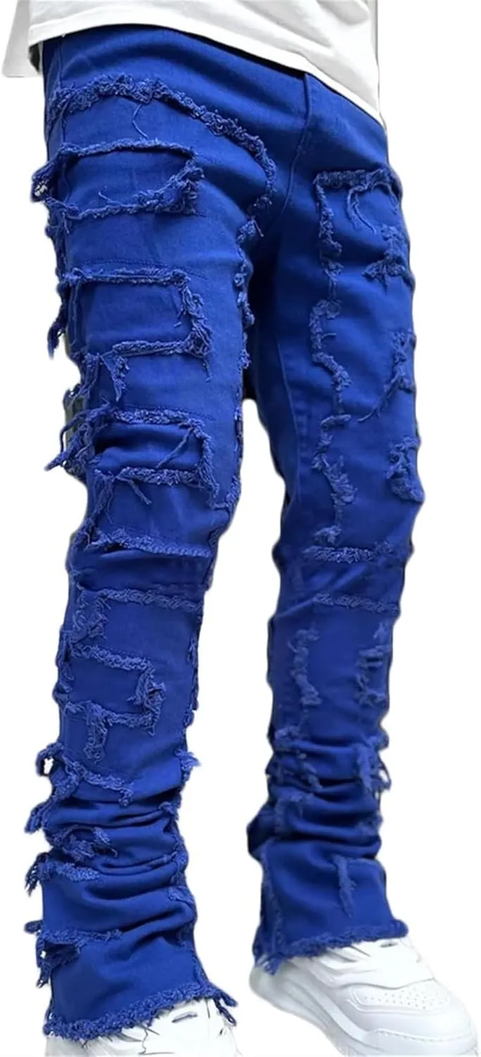 Mens Stacked Jeans Slim Fit Ripped Destroyed Straight Leg Denim Pants for Harajuku or Hip Hop Streetwear