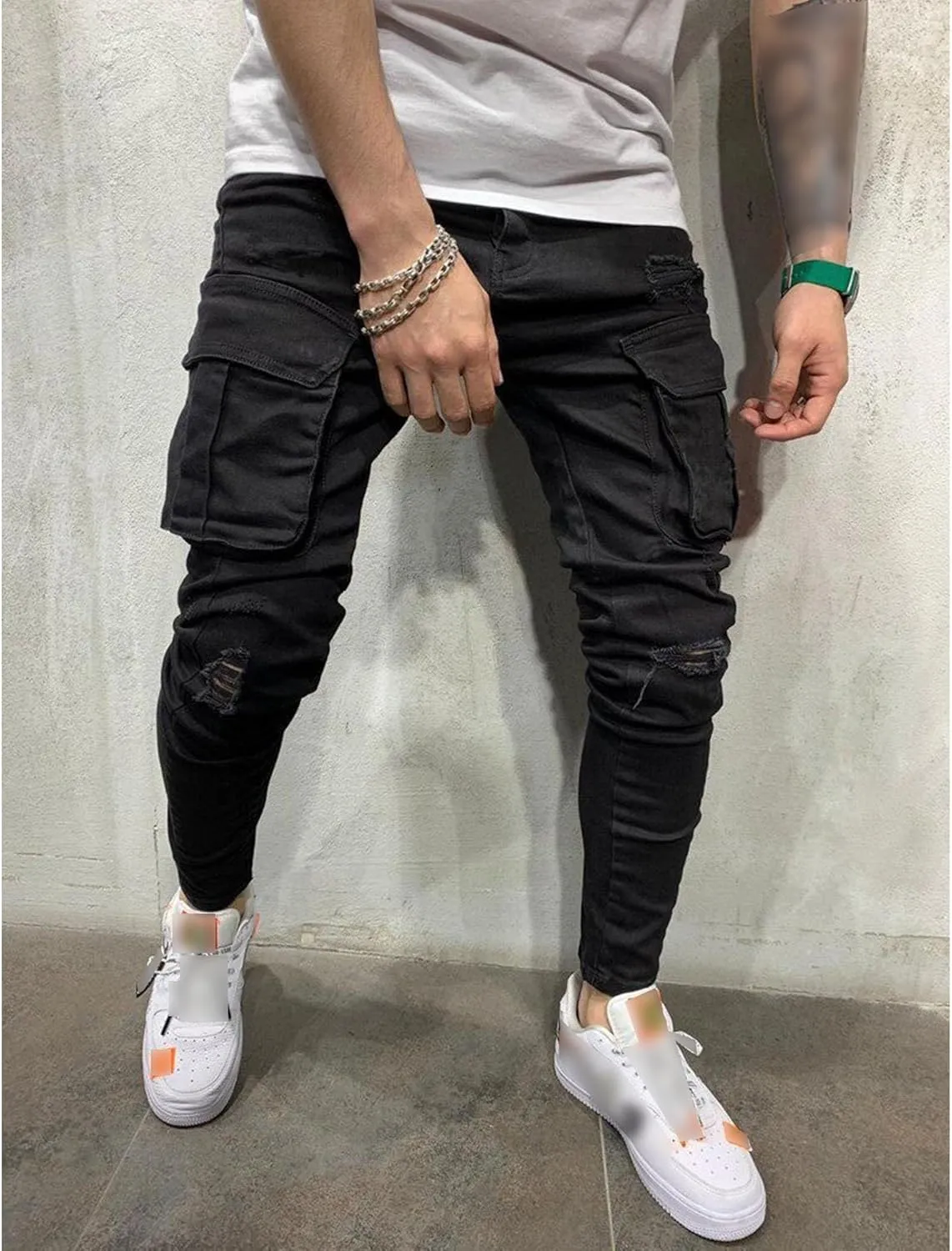 Men's Stretch Skinny Ripped Cargo Jeans Slim Fit Biker Moto Denim Pants Vintage Fashion Comfort Jeans
