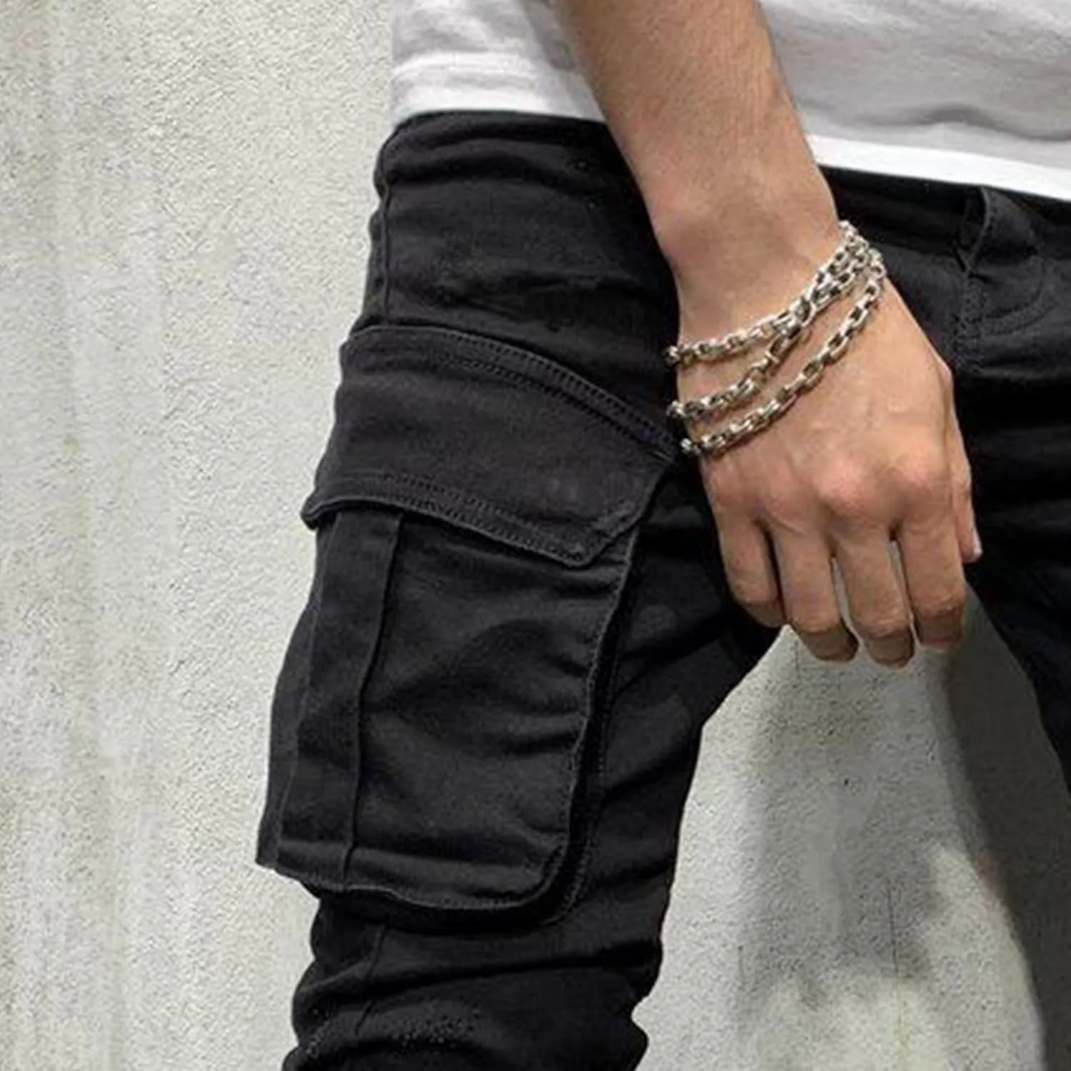 Men's Stretch Skinny Ripped Cargo Jeans Slim Fit Biker Moto Denim Pants Vintage Fashion Comfort Jeans