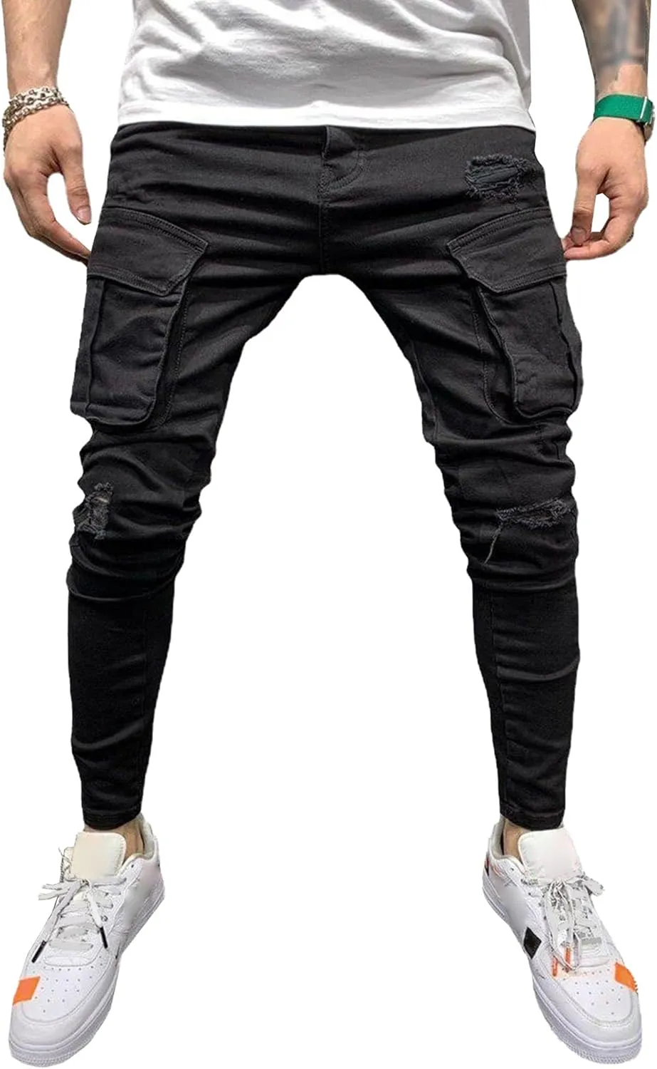 Men's Stretch Skinny Ripped Cargo Jeans Slim Fit Biker Moto Denim Pants Vintage Fashion Comfort Jeans