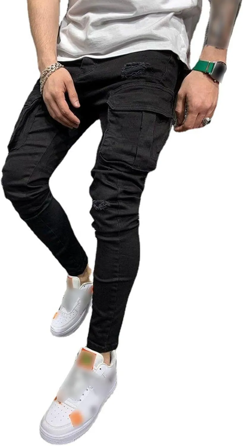 Men's Stretch Skinny Ripped Cargo Jeans Slim Fit Biker Moto Denim Pants Vintage Fashion Comfort Jeans