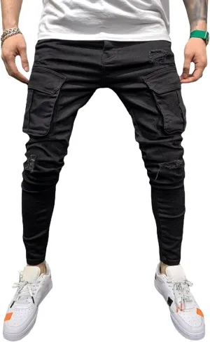 Men's Stretch Skinny Ripped Cargo Jeans Slim Fit Biker Moto Denim Pants Vintage Fashion Comfort Jeans