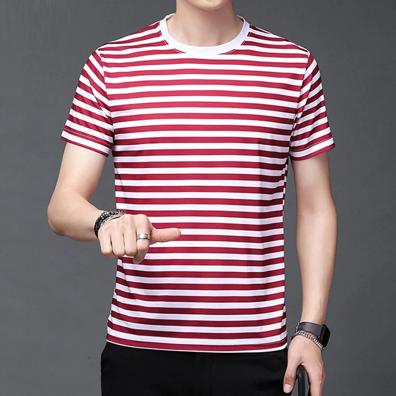 Men's Striped T-Shirt Summer Sport Cotton Shirts Short-Sleeve Classic Fit Casual Crewneck Pullover Blouse
