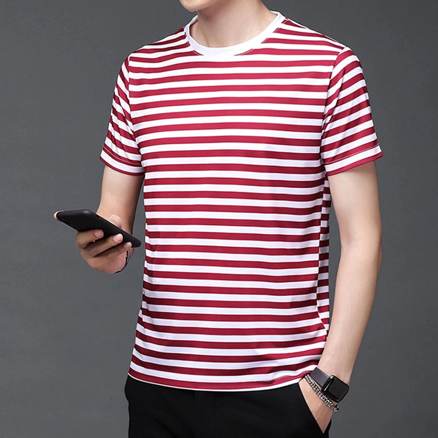Men's Striped T-Shirt Summer Sport Cotton Shirts Short-Sleeve Classic Fit Casual Crewneck Pullover Blouse