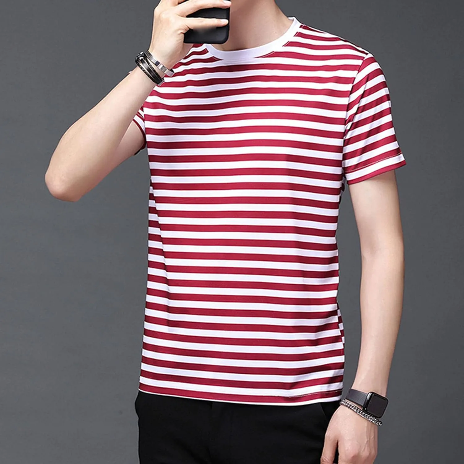 Men's Striped T-Shirt Summer Sport Cotton Shirts Short-Sleeve Classic Fit Casual Crewneck Pullover Blouse