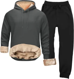 Mens Sweatsuit Sherpa Lined 2 Piece Hooded Sweatshirts Set Pullover Tops Fleece Sweatpants Winter Thermal Tracksuits