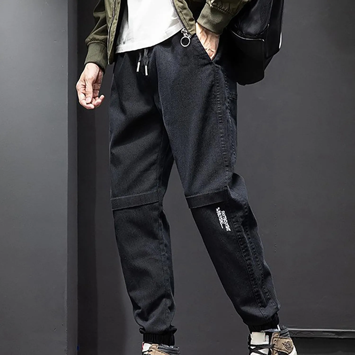 Mens Trendy Drawstring Cargo Pants Dressy Casual Outdoor Military Combat Sweatpants Lightweight Simple Solid Tapered Overalls