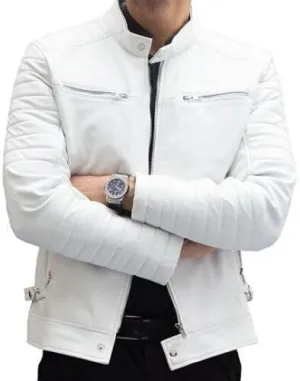 Men's White Biker Leather Jacket | Genuine Lambskin Leather | Motorcycle Caferacer Jacket