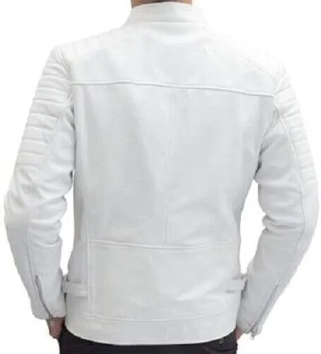 Men's White Biker Leather Jacket | Genuine Lambskin Leather | Motorcycle Caferacer Jacket
