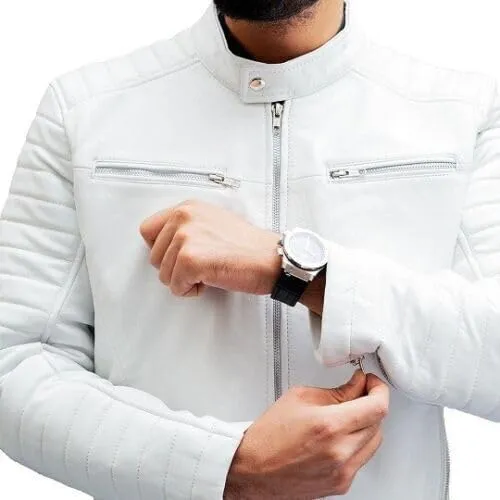 Men's White Biker Leather Jacket | Genuine Lambskin Leather | Motorcycle Caferacer Jacket