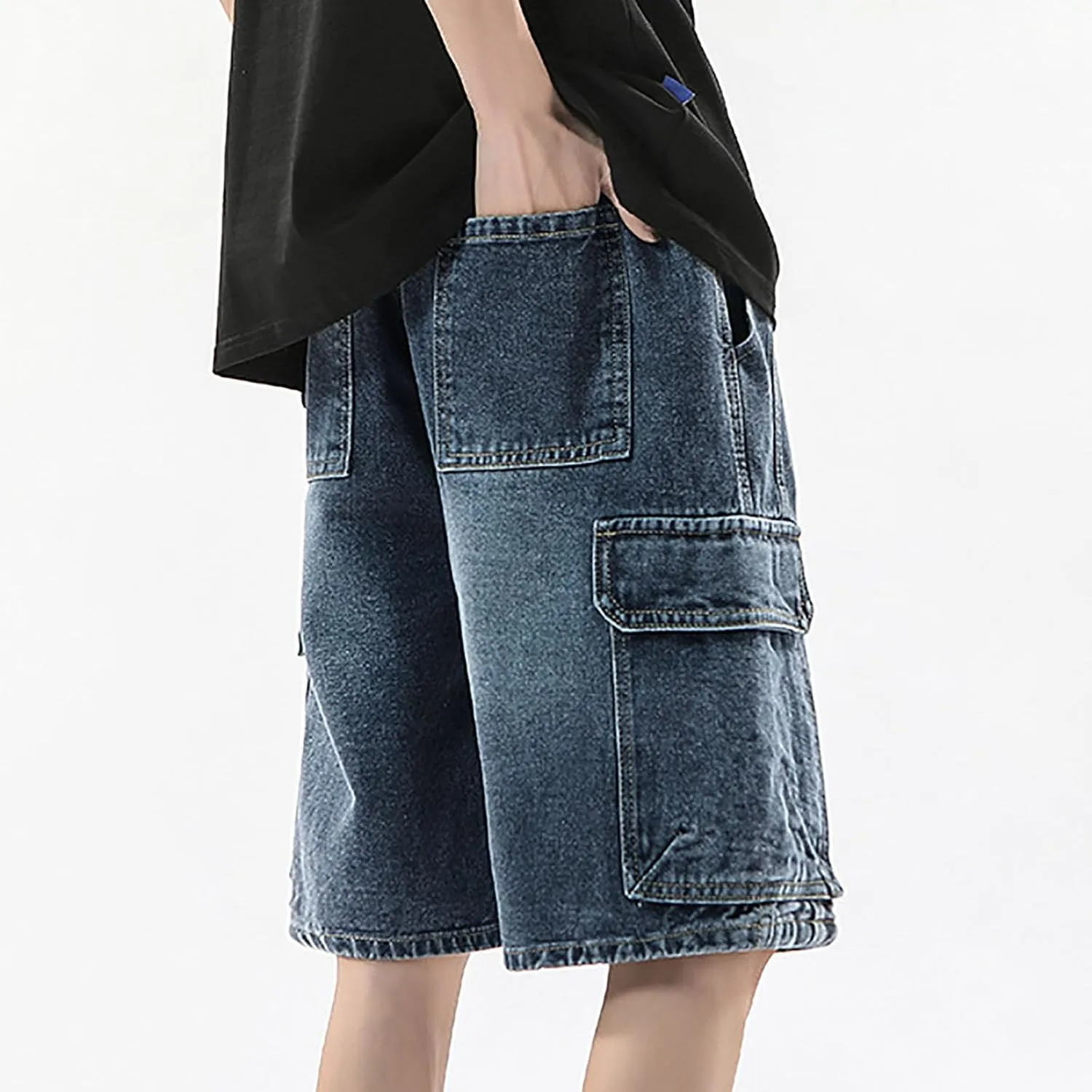 Men's Wide Leg Y2K Hip Hop Mid Jean Shorts Work Denim Shorts with Pockets Aesthetic Pants Streetwear Clothes