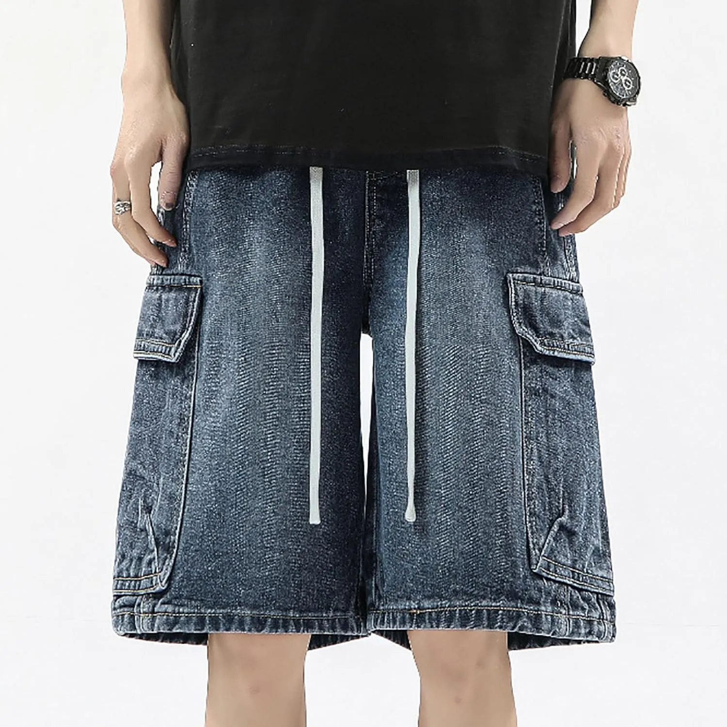 Men's Wide Leg Y2K Hip Hop Mid Jean Shorts Work Denim Shorts with Pockets Aesthetic Pants Streetwear Clothes