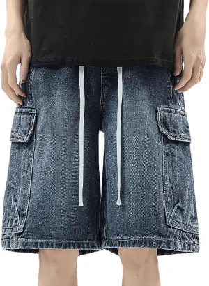 Men's Wide Leg Y2K Hip Hop Mid Jean Shorts Work Denim Shorts with Pockets Aesthetic Pants Streetwear Clothes