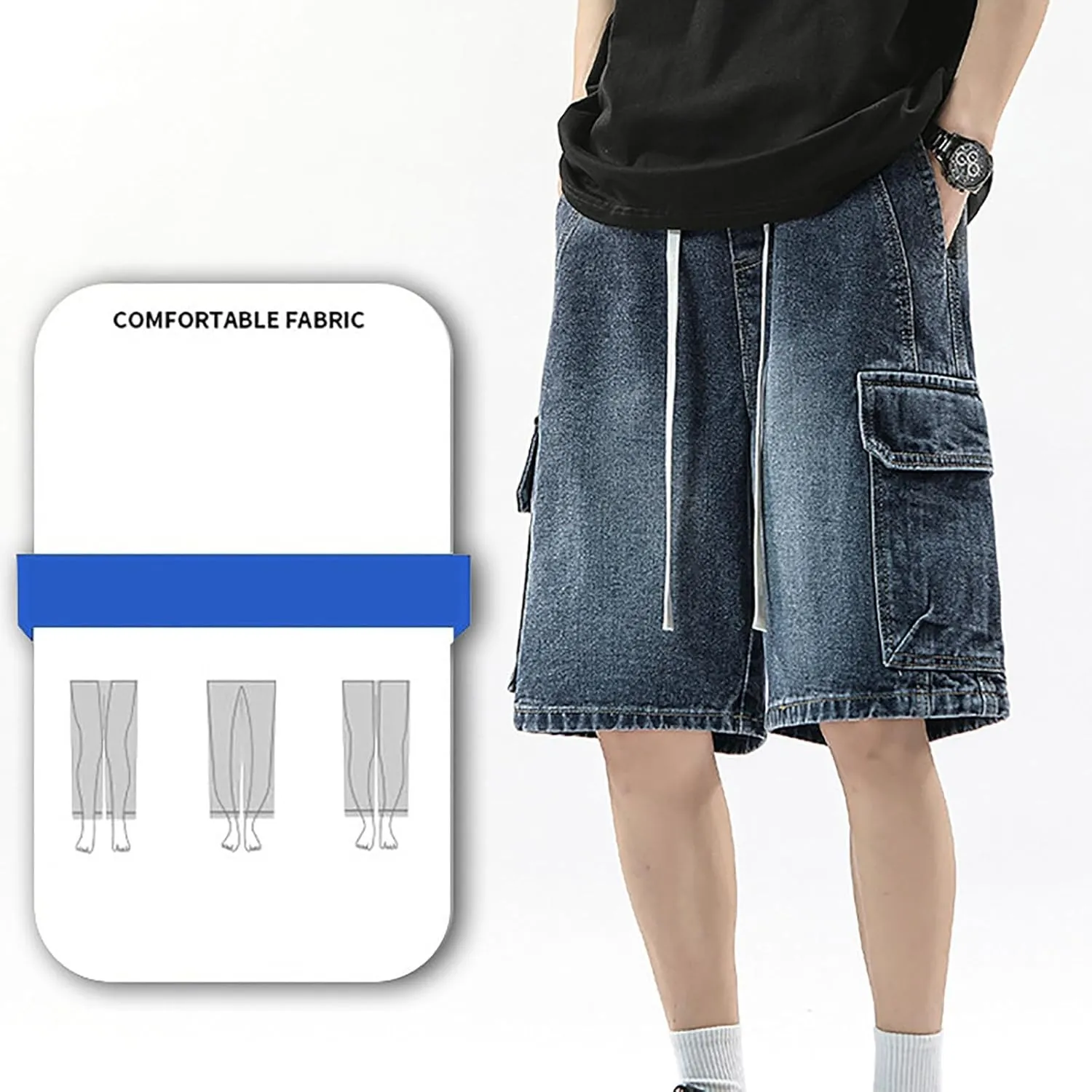 Men's Wide Leg Y2K Hip Hop Mid Jean Shorts Work Denim Shorts with Pockets Aesthetic Pants Streetwear Clothes