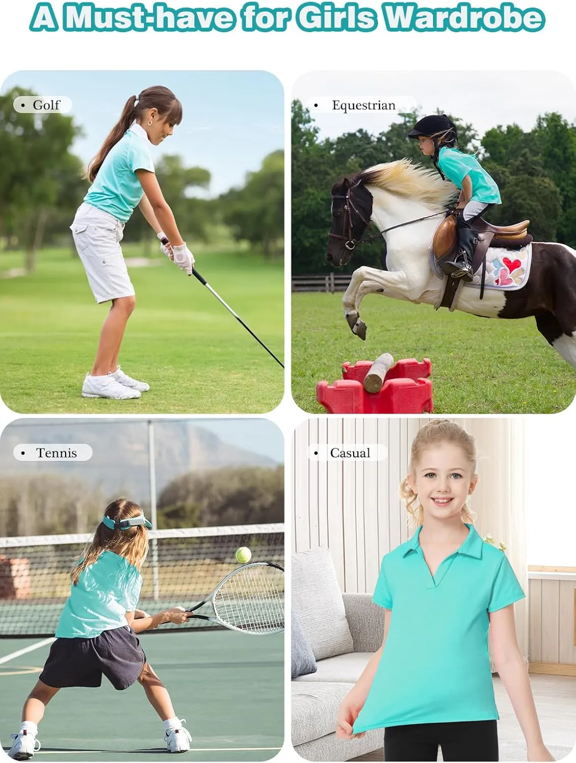 MERIABNY Girls Golf Polo Shirts V Neck Tennis Outfits Tops for Aged 6-13