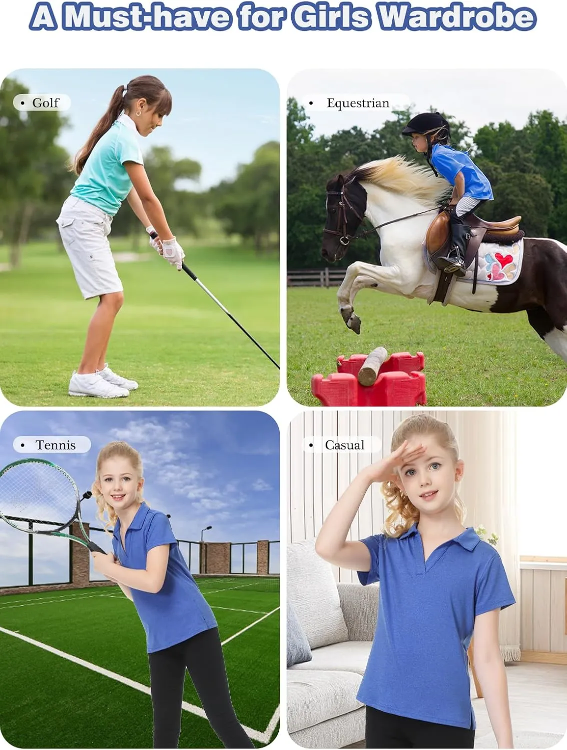 MERIABNY Girls Golf Polo Shirts V Neck Tennis Outfits Tops for Aged 6-13