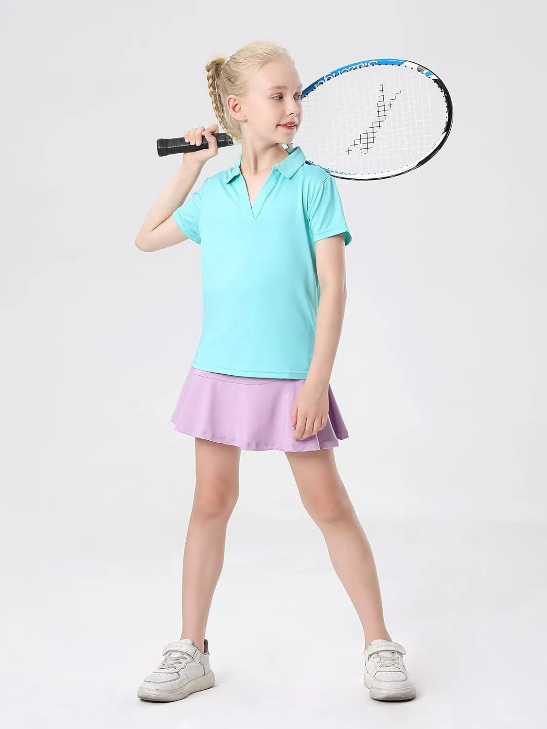 MERIABNY Girls Golf Polo Shirts V Neck Tennis Outfits Tops for Aged 6-13