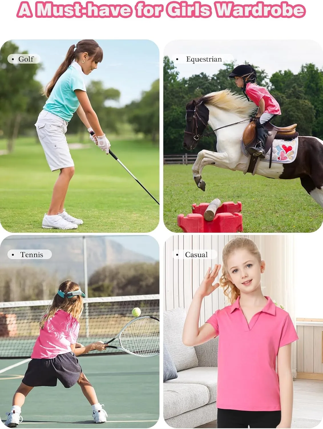 MERIABNY Girls Golf Polo Shirts V Neck Tennis Outfits Tops for Aged 6-13