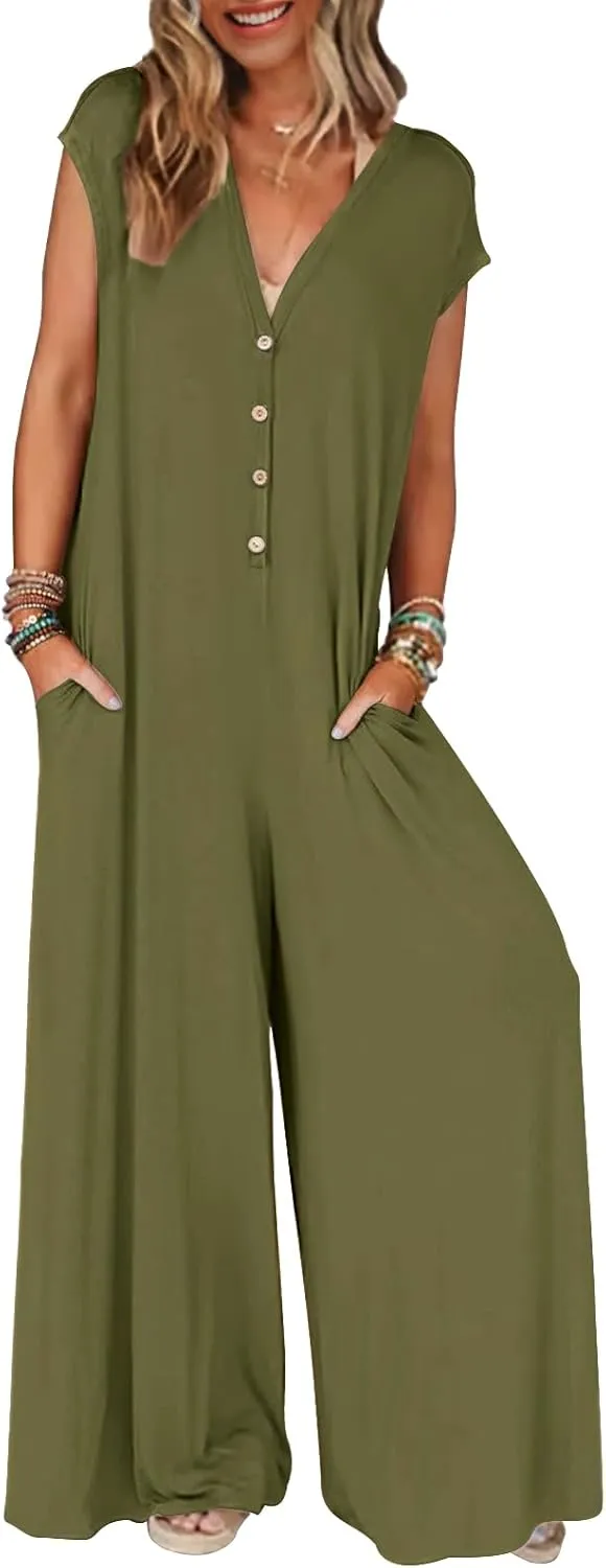 MEROKEETY Women's 2025 Summer Cap Sleeve Jumpsuits Deep V Neck Button Onesie Wide Leg Pants Rompers