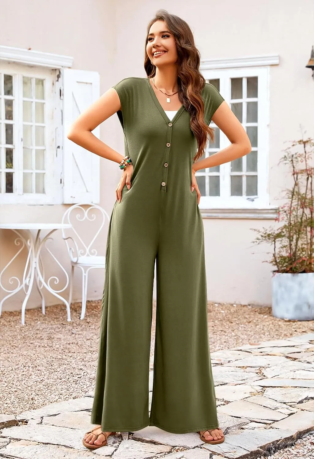 MEROKEETY Women's 2025 Summer Cap Sleeve Jumpsuits Deep V Neck Button Onesie Wide Leg Pants Rompers