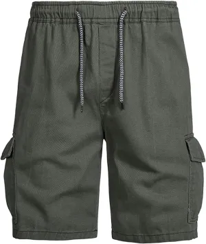 Muscularfit Mens Workout Shorts Regular Fit Drawstring Elastic Waist Tooling Shorts Cotton Multi Pockets Solid Cargo Shorts