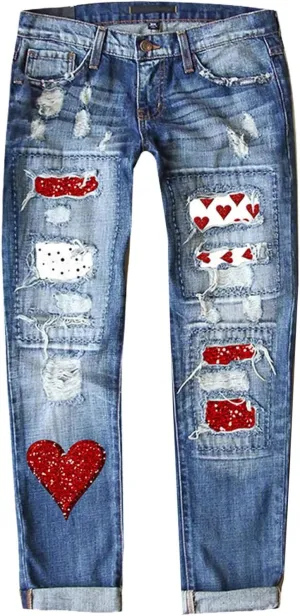 Muyise Boyfriend Jeans for Women Patchwork Distressed Casual Ripped Jeans Stretch Straight Leg Denim Trousers with Pockets