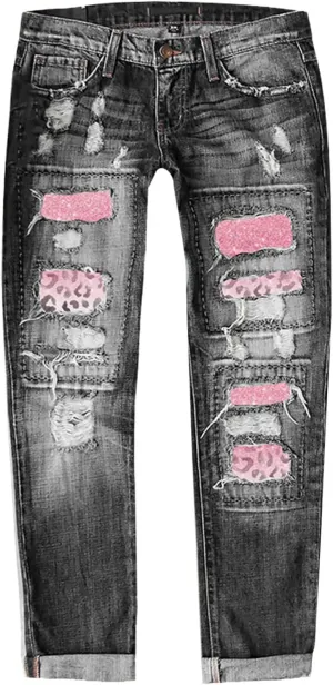 Muyise Boyfriend Jeans for Women Patchwork Distressed Casual Ripped Jeans Stretch Straight Leg Denim Trousers with Pockets