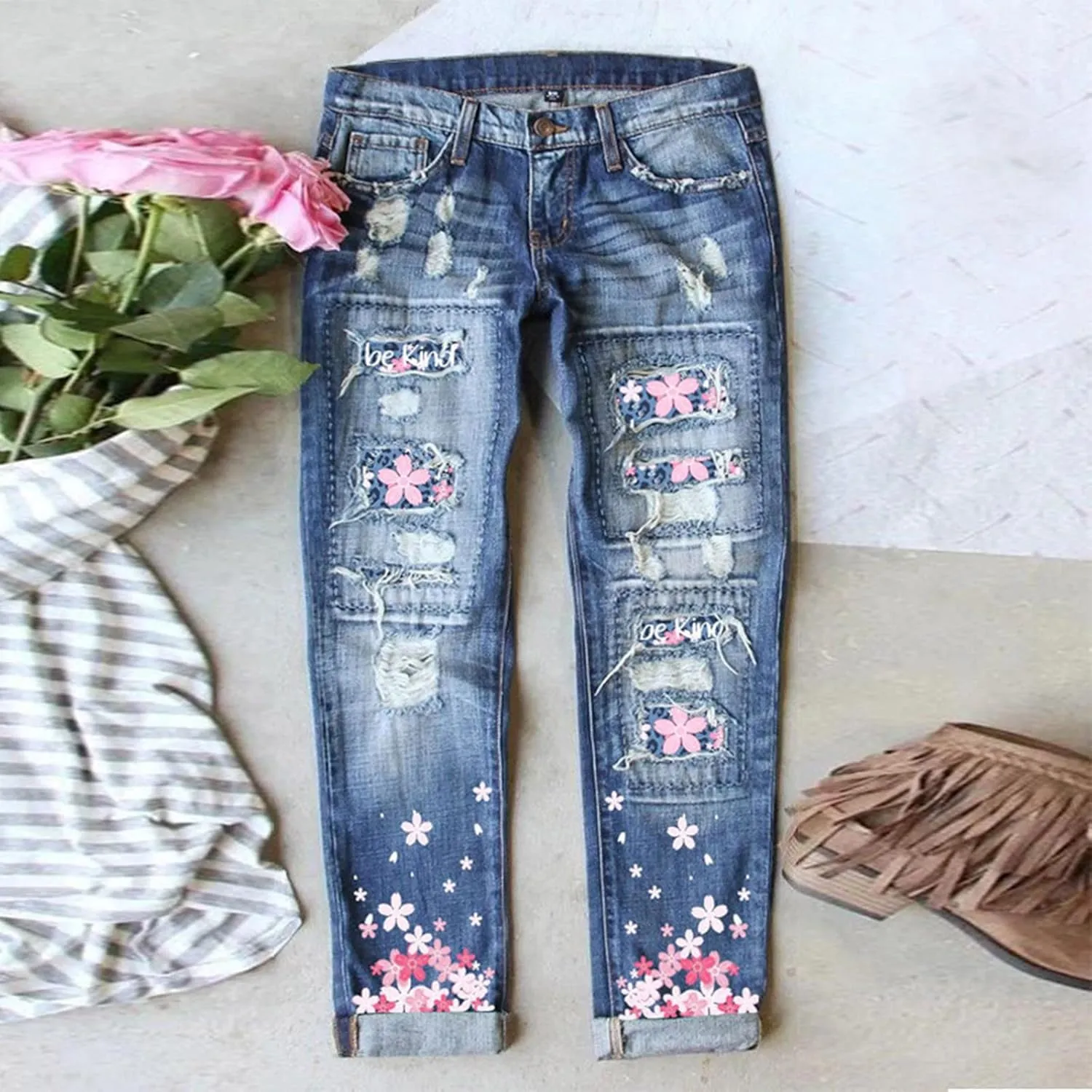 Muyise Boyfriend Jeans for Women Patchwork Distressed Casual Ripped Jeans Stretch Straight Leg Denim Trousers with Pockets