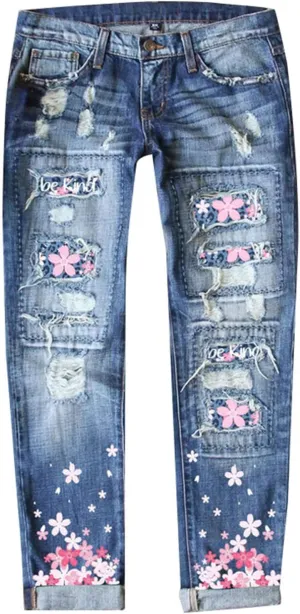 Muyise Boyfriend Jeans for Women Patchwork Distressed Casual Ripped Jeans Stretch Straight Leg Denim Trousers with Pockets